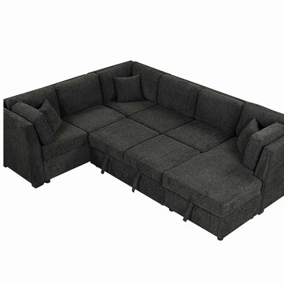 Canapé-lit de 108,6 pouces en forme de U avec deux ports USB, deux prises de courant, trois coussins et une chaise de rangement à rangement, noir, convenant au salon