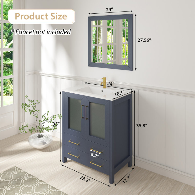 Arroyos 24'' Single Bathroom Vanity with Ceramic Top with Mirror, Blue