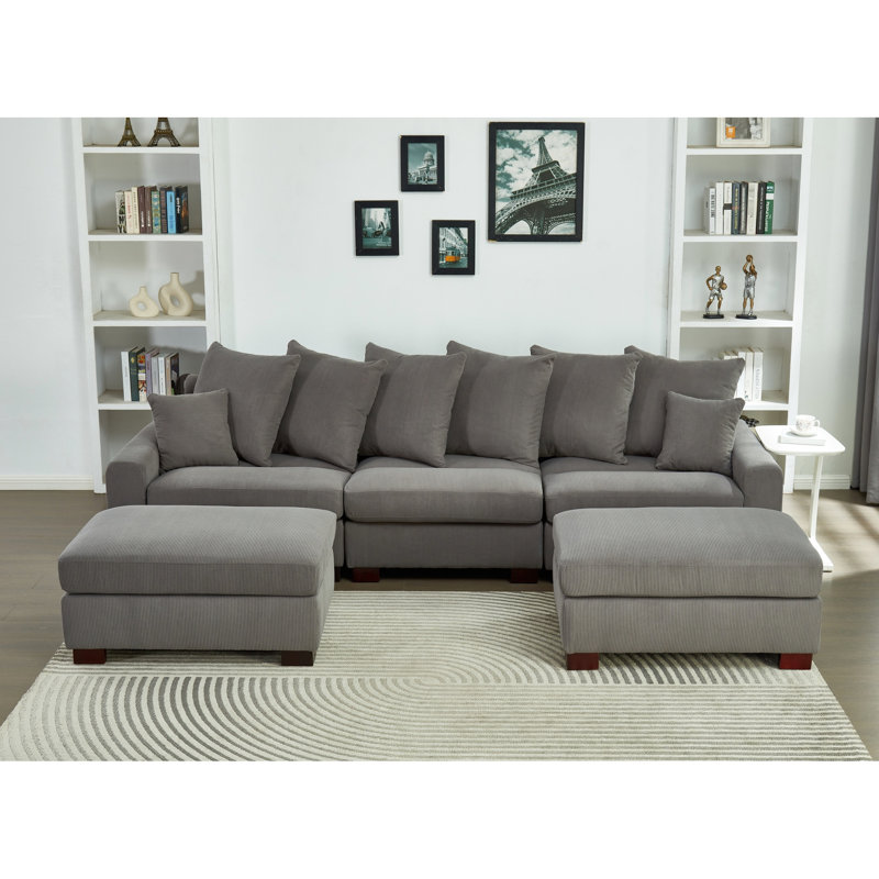 Modular Sectional Couch In Grey Corduroy, 5 Seater Oversized Convertible L & U Shaped With Contemporary High Foam Cushions Corduroy Sectional, Fascinating