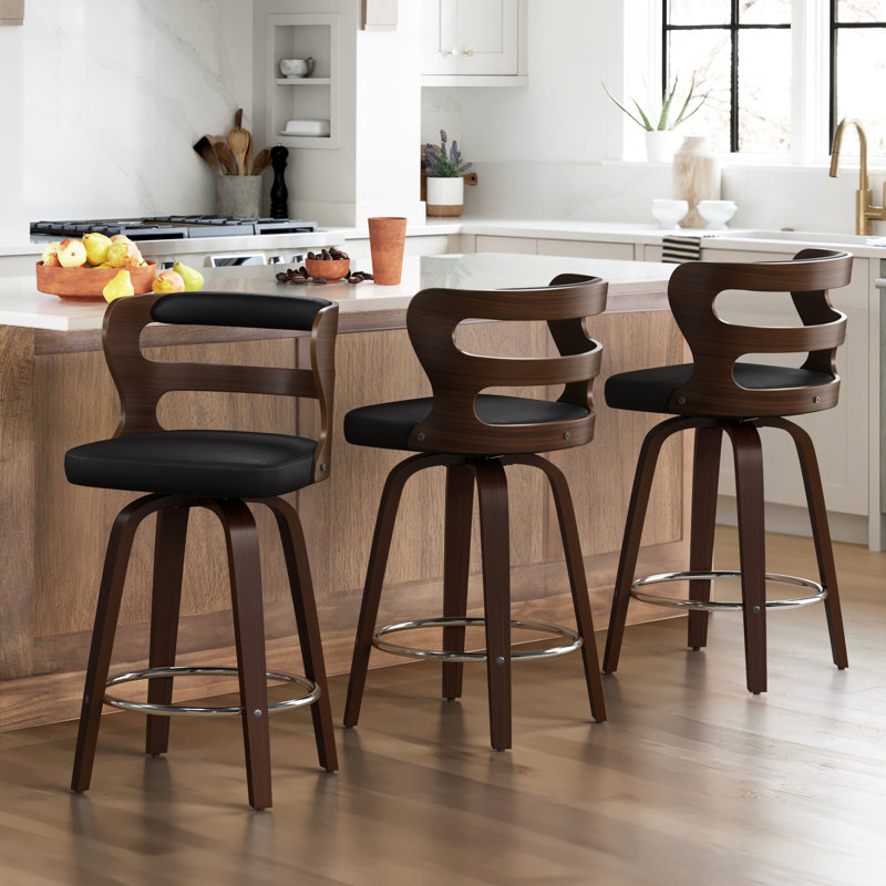 Mundrae Swivel Upholstered Barstool With Wood Frame, Rubber Wood Legs, Black/Deep Walnut