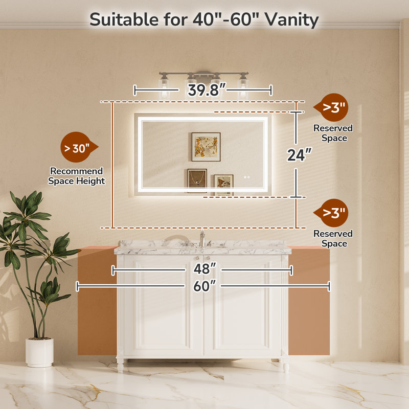 Frontlit and Backlit LED Bathroom vantiy Mirror,3 Color Dimmable Light & Anti-fog Tempered Glass mirror, 24" x 40", Rectangle