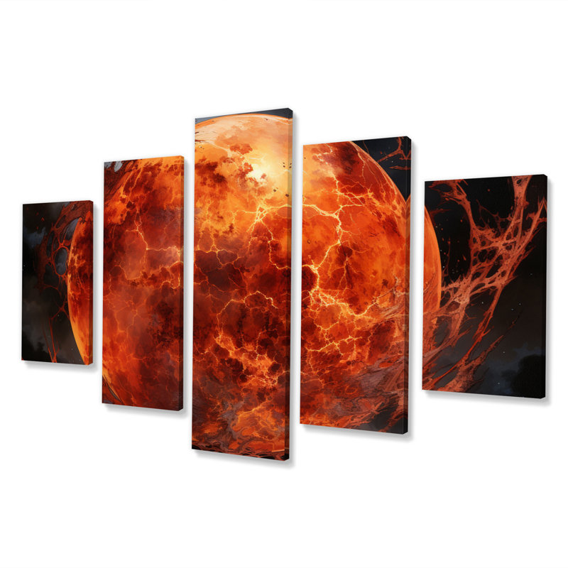 Planète Io Fiery I - art mural sur toile Planète espace - 5 panneaux