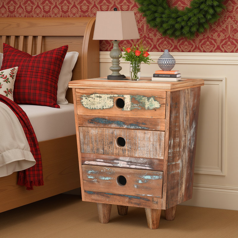 Reclaimed Wood Nightstand with 3 Drawers, Fully Assembled Rustic Side Table
