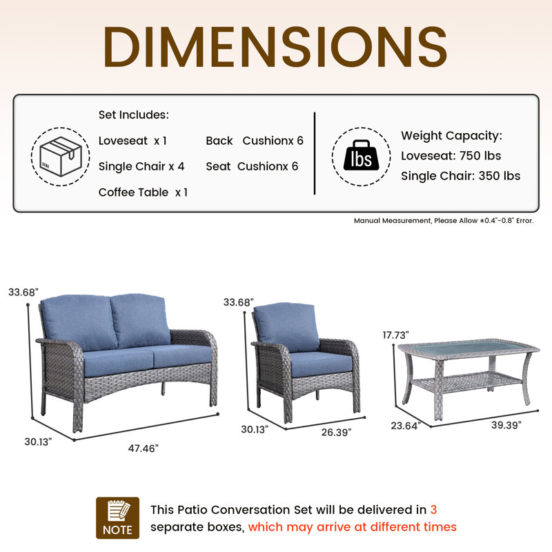 Ensemble de conversation avec coussins pour 6 personnes, Bleu denim
