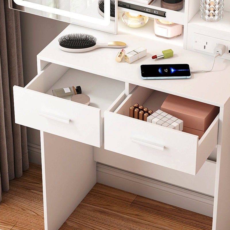 Petit bureau de coiffeuse avec miroir et lumières à DEL réglables, prise de courant intégrée et rangement dissimulé, comprend tabouret et tablette rembourrés, coiffeuse compacte pour petite chambre à coucher, blanc