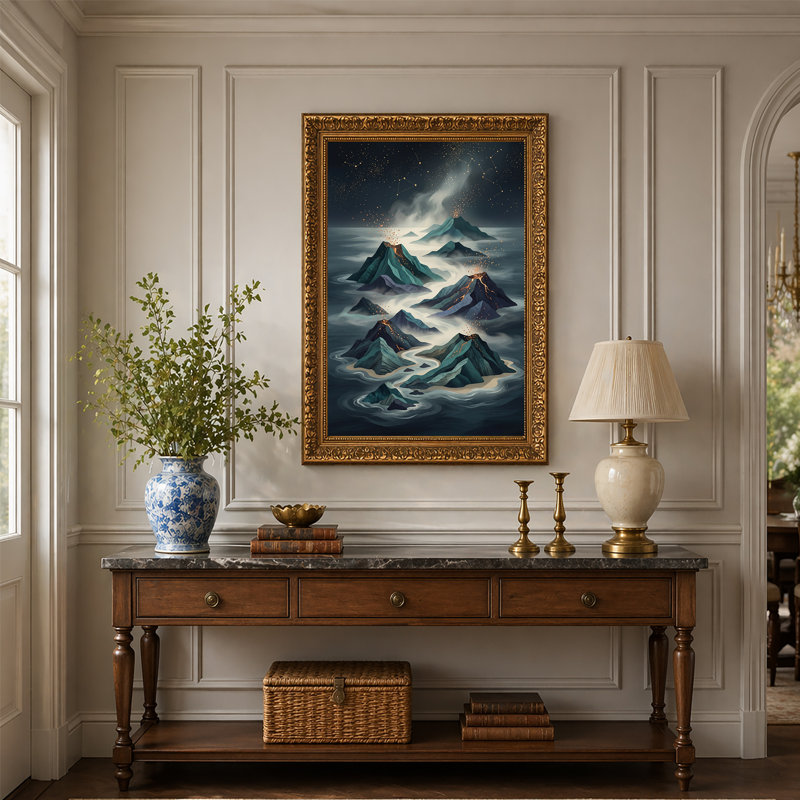 Art mural sur toile, montagnes volcaniques bleu sarcelle avec lave brillante sous un ciel étoilé, 24"H x 16"W