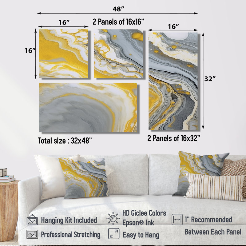 Symphonie de marbre gris et jaune - art mural abstrait grand 4 pièces, Impression encadrée sans passe-partout, Doré