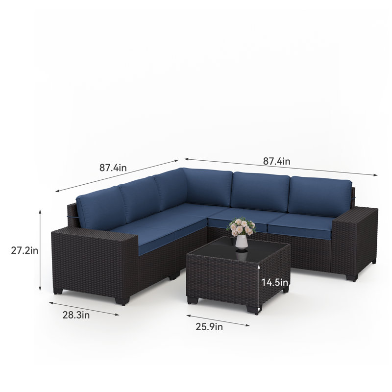  6-Piece All-Weather Outdoor HDPE Rattan Patio Sofa Set with Cushions&Wide Armrests, Navy