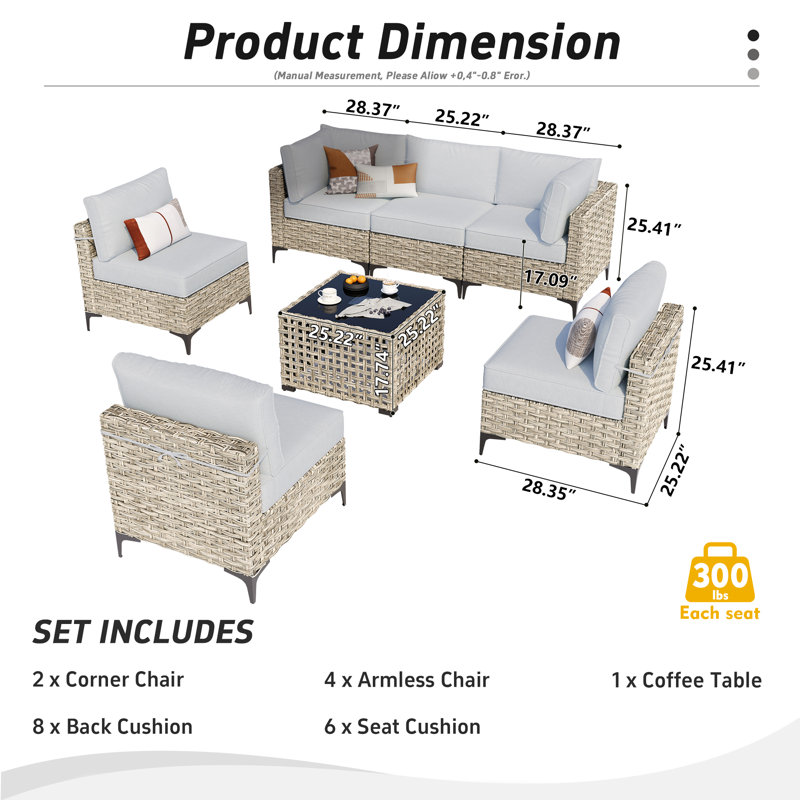 6 - Person Outdoor Seating Group With Cushions, Gray Glass