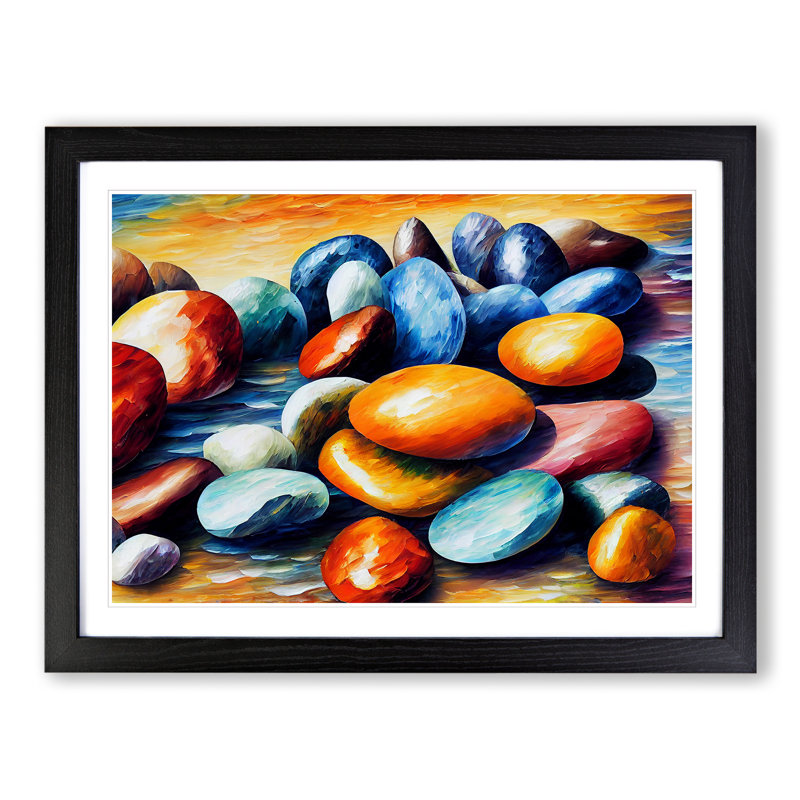 Shimmering River Pebbles Vol.1 - Single Picture Frame Painting, 46cm H x 64cm W x 2cm D, Black