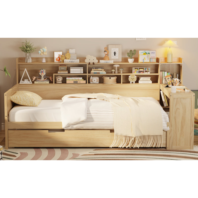Lit de jour en bois avec tablettes de rangement, lit multifonctionnel avec lit gigogne et bureau d'étude, Naturel