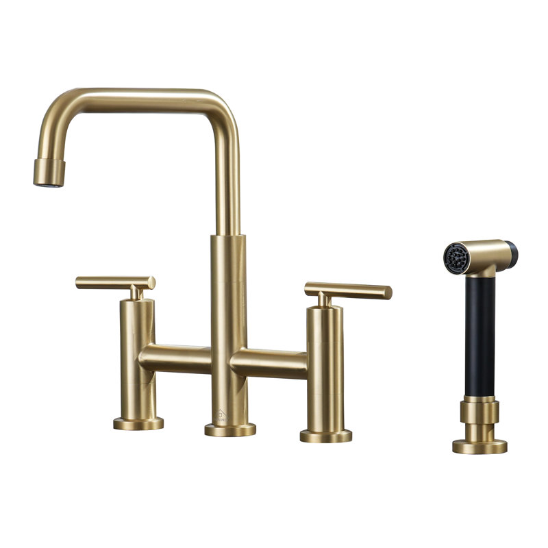 Sleek 2-Handle Bridge Kitchen Faucet with Pull-Out Side Sprayer, Gold