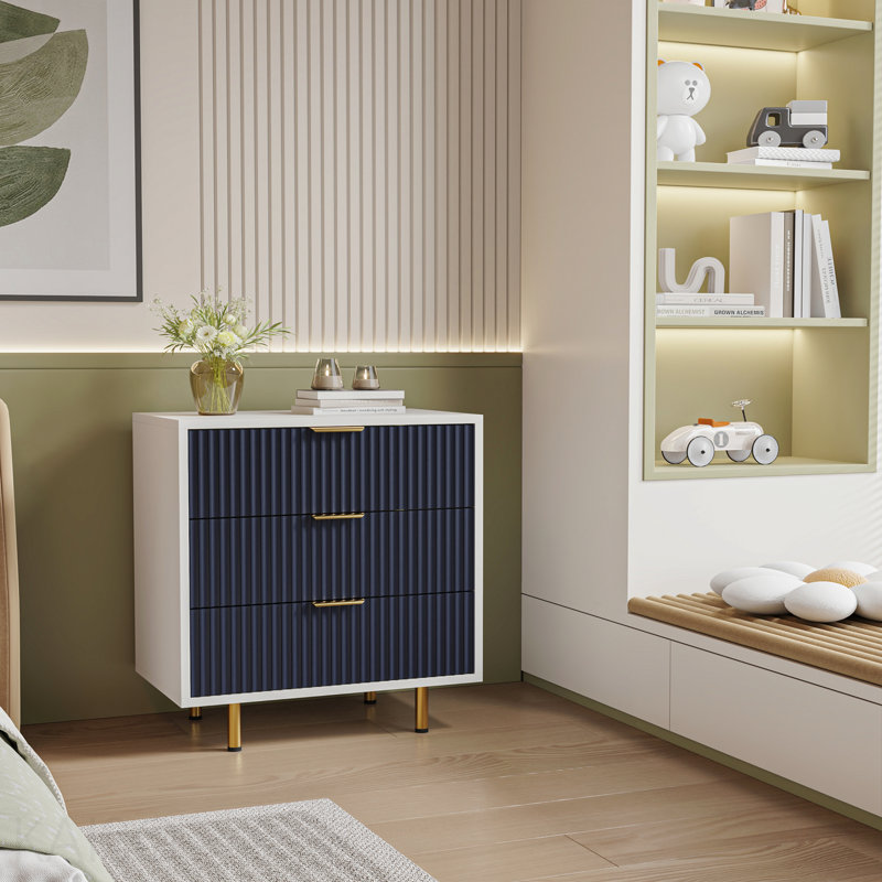 DFW 3 Drawer Dresser For Bedroom, Fluted Modern Nightstand With Deep Drawers, Chest Of Drawers With Wide Top, Wooden Dresser Organizer, Side Table For Living Room, Hallway, Kids Room White+Navy Blue