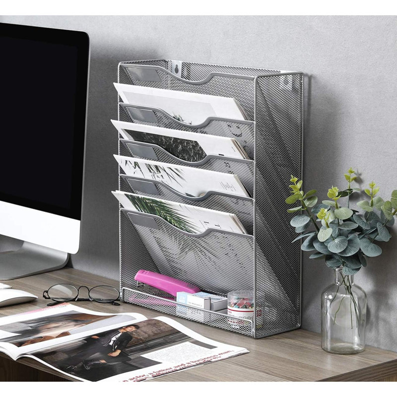 Wall File Organizer Mesh 5 Tier Wall File Holder Desktop Vertical Hanging File Folder Organizer With Bottom Flat Tray Sides Closed,Silver