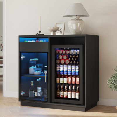 Bar à café Helmetta de 39,4 po avec réfrigérateur à boissons pouvant contenir 126 canettes, armoire à vin moderne avec porte en verre et tiroir, noir