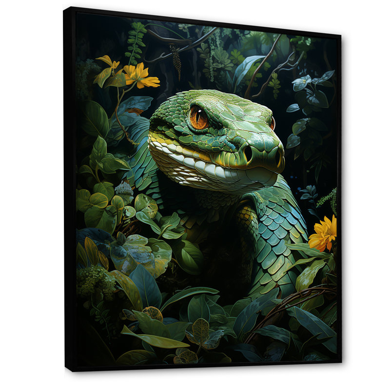 Ingred " Green Snake Solitude ", Black Floater Framed, 44" H x 34" W x 1.5" D