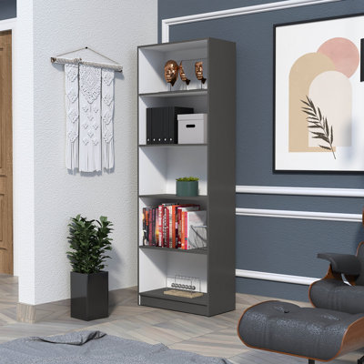 Bibliothèque spacieuse à 5 tablettes, gris mat et blanc - Bibliothèque de rangement élégante pour les articles ménagers