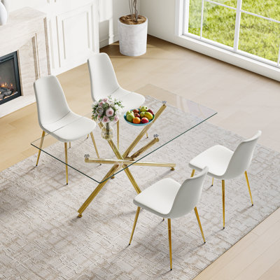 Ensemble de salle à manger moderne 5 pièces - Table en verre avec base en métal et 4 chaises de salle à manger en velours