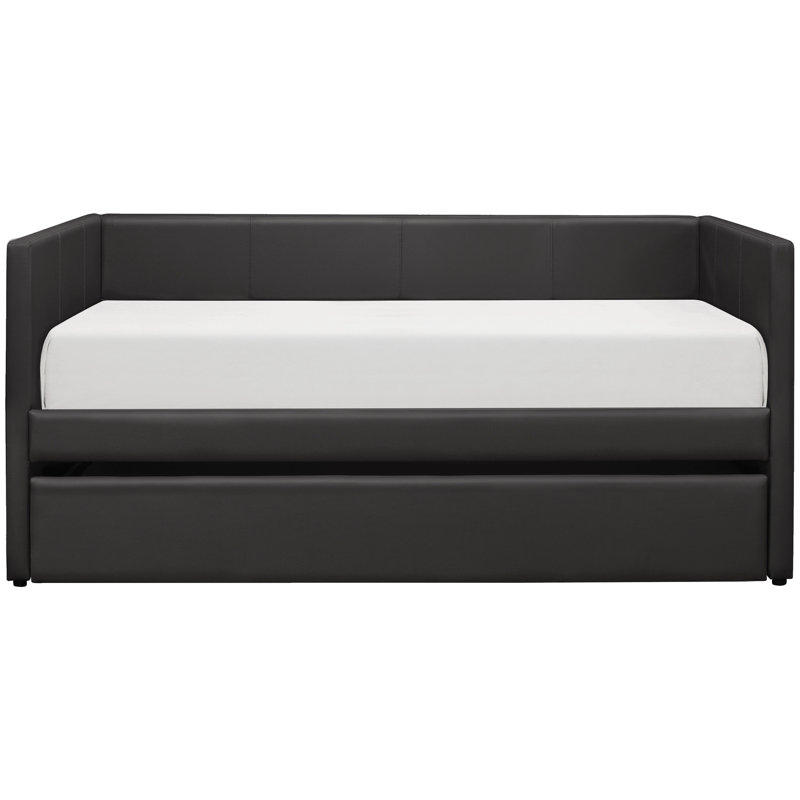 Lit de jour moderne avec revêtement en similicuir noir et couchette, cadre en bois de qualité contemporaine, apparence de bois coulissant