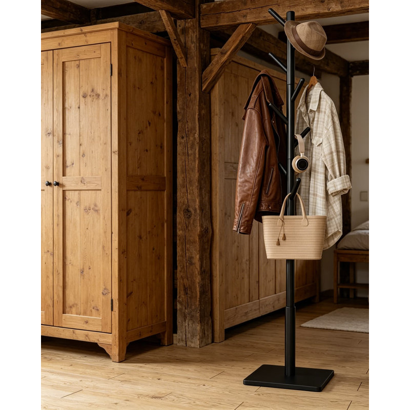 Coat Rack, Sturdy Wooden Stand Tree with 8 Hooks, 3 Adjustable Height Options, Freestanding Clothes Hanger for Bedroom, Hallway, Entrance, Office, Natural Beech Wood, Black Square Base