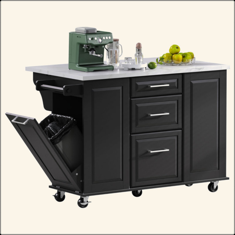 Îlot de cuisine de 50,7 po avec rangement, poubelle inclinable et organisateur de rangement escamotable, îlot de cuisine sur roulettes à 5 roulettes avec abattant, 2 tiroirs, 1 porte pour la cuisine, la salle à manger
