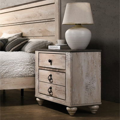 Table de chevet contemporaine avec dessus en bois patiné, 3 tiroirs, table de chevet de couleur brun antique pour meubles de chambre à coucher avec plateau, tiroirs en brun, élégance rustique