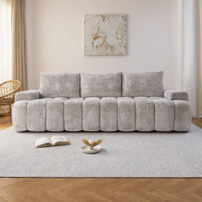 100" Extra Large Curved Front Sectional Sofa – Compressed Cloud-Like Bouclé Couch with High-Resilience Foam, No Assembly Required – Modern Oversized 3-Seat Sofa for Living Room, Apartment – White, Easy to Move & Ship