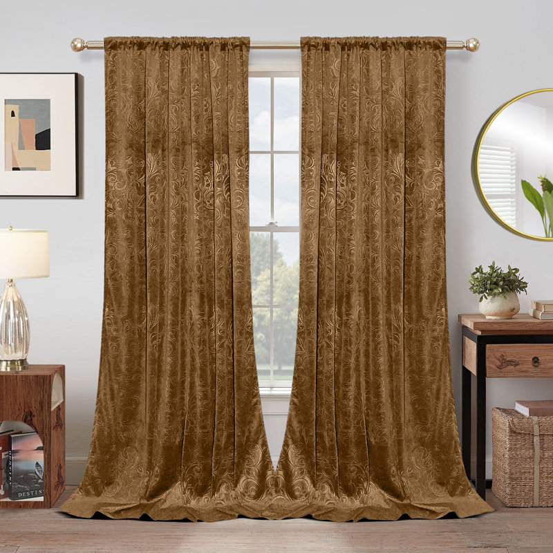 Rideaux occultant luxueux en velours à motif floral damassé et isolant thermique, L 52 po x L 108 po, Doré
