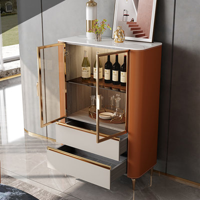 29.53" Light Luxury Modern Wine Cabinet, Colour-Block Design with Glass Double Doors, Multi-Functional Living Room Storage Drawer Cabinet & Figurine Display Cabinet