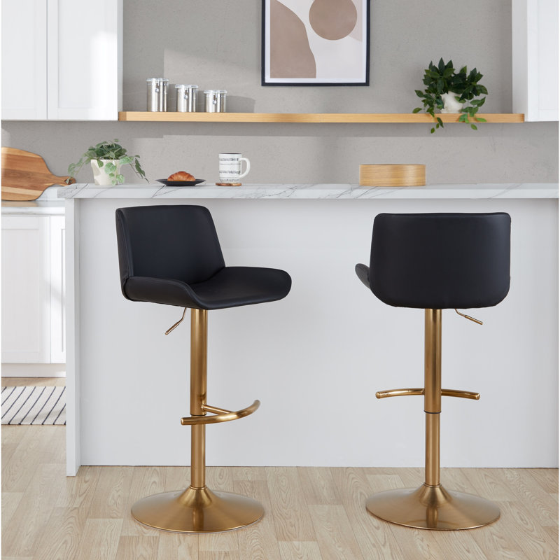 Tabouret de bar contemporain rembourré réglable avec pivot, Black Seat/Gold Frame
