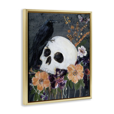 Cadre d'Halloween avec fleurs et crâne flottant, design par Sara Culpepper