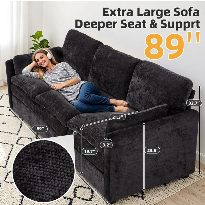 Grand canapé moderne en chenille 3 places avec 2 coussins amovibles, Noir