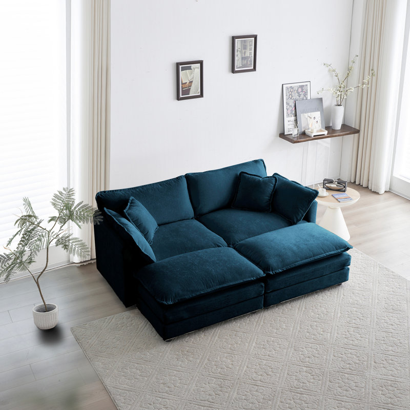 4 modulaires avec 2 places et repose-pieds en chenille bleue chaleureuse