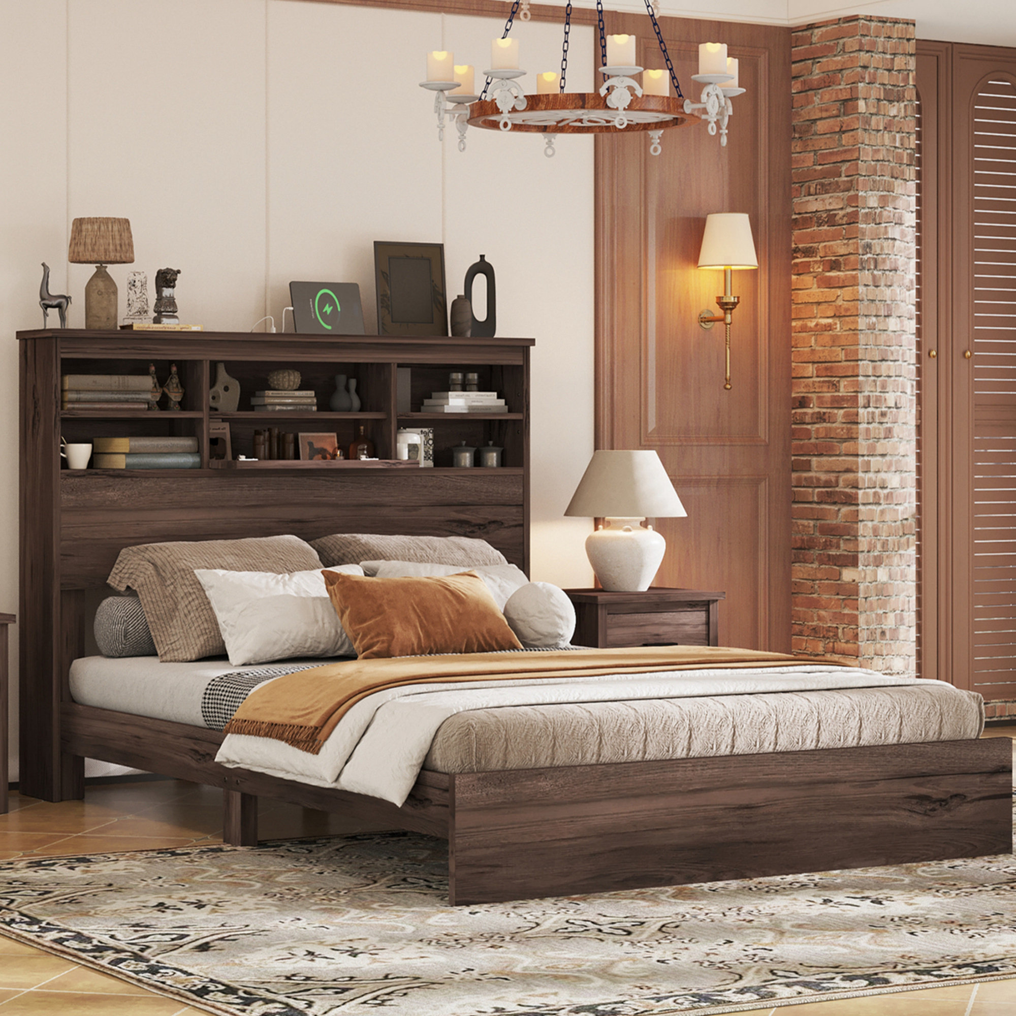 Latitude Run® Queen Size Bed Frame With Headboard And Bookcase Storage ...
