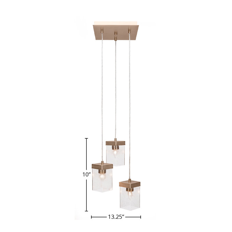 Karson 3 Light Cord Hung Cluster Pendalier Shown In New Age Brass Finish With 4" Square Clear Bubble Glass