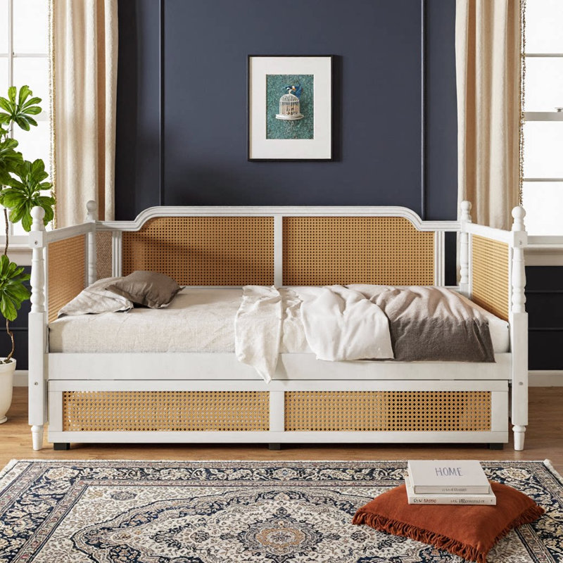 Traditional Style Rattan Twin Size Daybed with Twin Trundle | Solid Pine Wood Frame, No Box Spring Needed – Space‑Saving Guest Bed for Limited Spaces, Kids’ Rooms, or Coastal Farmhouse Decor