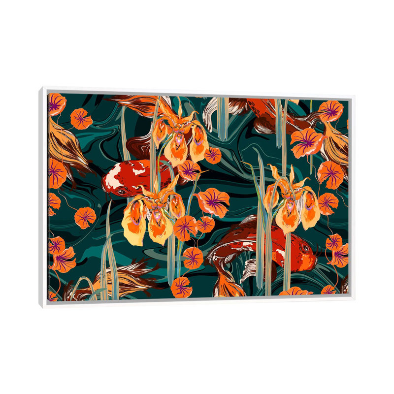 Koi Pond Orange Tones - reproduction d'art murale encadrée, H 40 po x l 60 po, Reproduction encadrée sans passe-partout