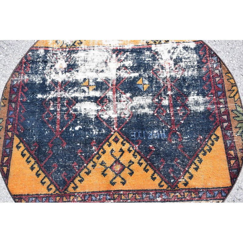 Petit tapis rond turc bleu antique tissé à la main, idéal pour les tapis de chambre à coucher ou de porte