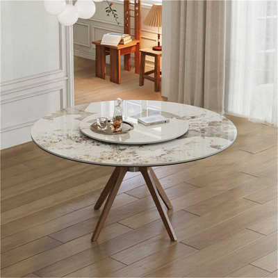 Table de salle à manger moderne en pierre frittée de 59 pouces, équipée d'une table tournante ronde de 35 pouces, pouvant accueillir de 6 à 8 personnes, table ronde avec base en bois de couleur noyer