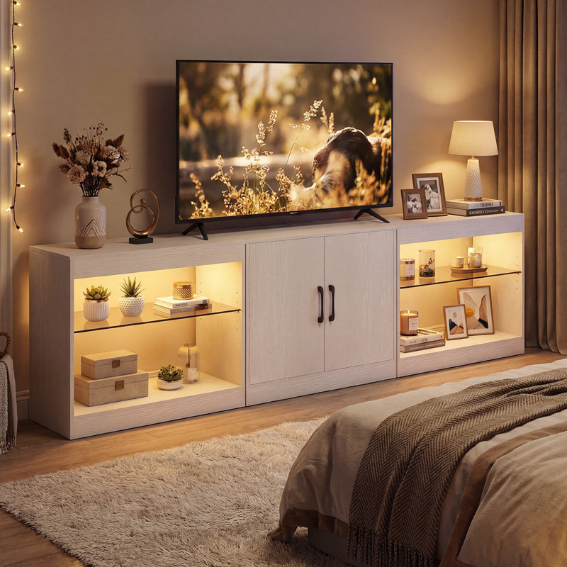 TV Stand with Power Outlets Adjustable LED Lights Storage Cabinet for TVs up to 85” White, White