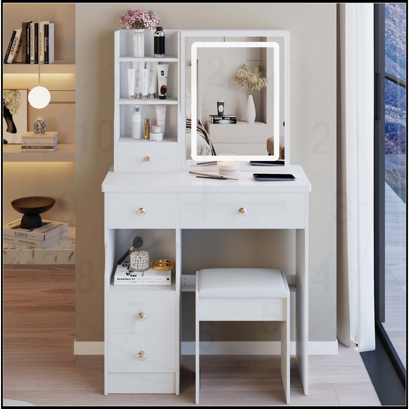 Table de coiffeuse compacte avec miroir à DEL de pointe et grand espace de rangement, Blanc