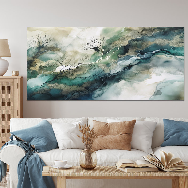 «Green Blue Marbré Dreamscape I», reproduction d'art sur toile géométrique abstraite, Toile tendue