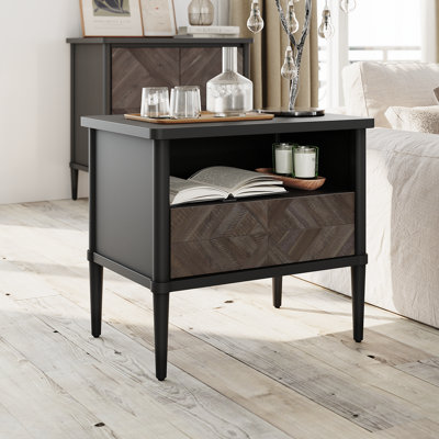 Cartlin Mid-Century Solid Wood Nightstand with Chevron Front & Open Shelf - Acacia, Mystic Finish by George Oliver