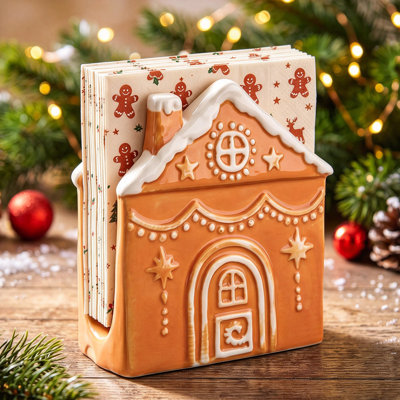 Christmas Ceramic Napkin Holder, Cute Gingerbread House Design, 5.5 Inch Vertical Table Napkin Organizer for Dining Table, Kitchen Countertop & Holiday Party Decor