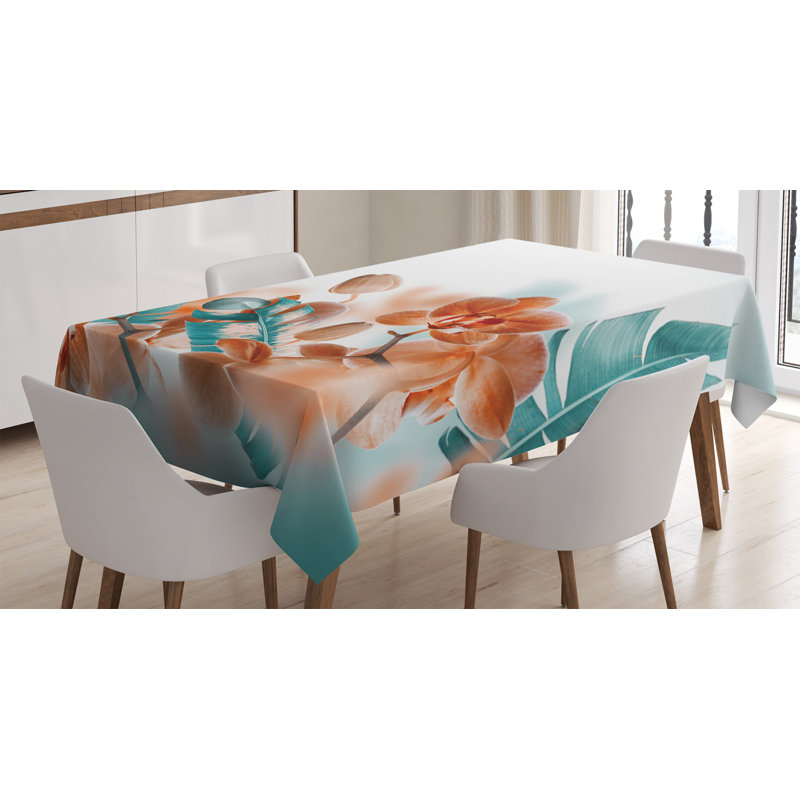 Tropical Tablecloth, Tropical Orchids Blossom Leaves On Blurred Background Floral Themed Modern Art, Rectangular Table Cover For Dining Room Kitchen Decor, 52" X 70", Orange Teal