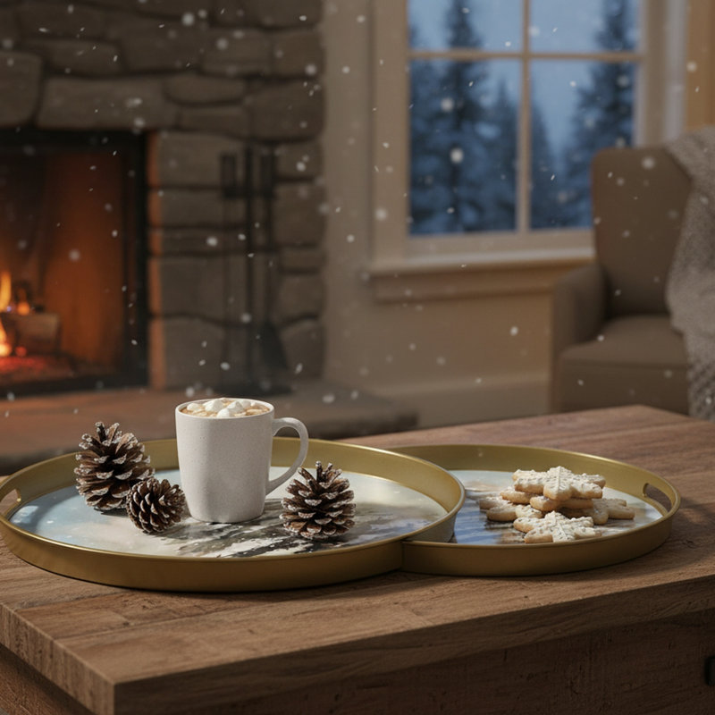 Plateaux emboîtables ronds, motif sapin enneigé, ensemble de 2