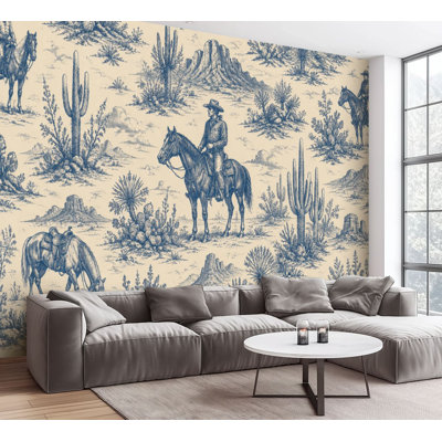 Papier peint adhésif peler et coller Vintage Western Desert Scène Cowboys Cactus Blue Toile