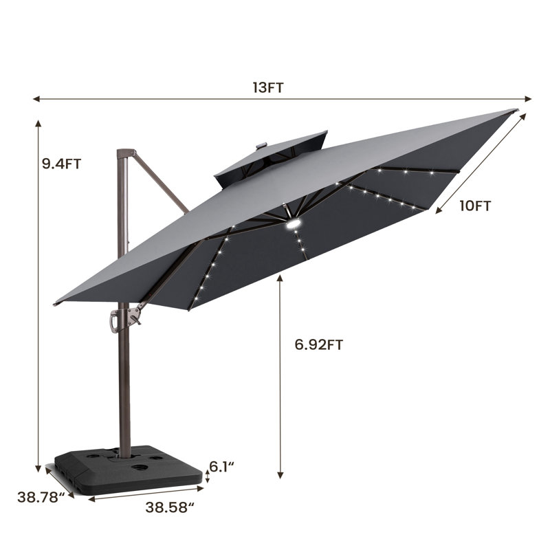 153' X 116' Rectangular Outdoor Solar Led Cantilever Patio Umbrella, Base Included, Dark Grey