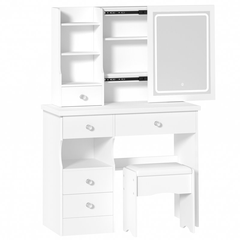 Vanity Desk with LED Lighted Mirror, Bedroom Dressing Table, Makeup Desk with Stool, 5 Drawers, Open Shelves, Hidden Storage Space