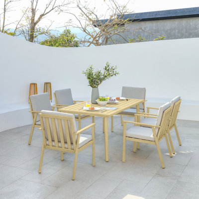 Seehill 7 Pieces Outdoor Dining Set, Aluminum Patio Furniture Set With Umbrella Hole, All-Weather Outdoor Patio Dining Set For 6, Patio Table And Chair Set For Decks, Garden, Pool, Lawn, Maple Wood